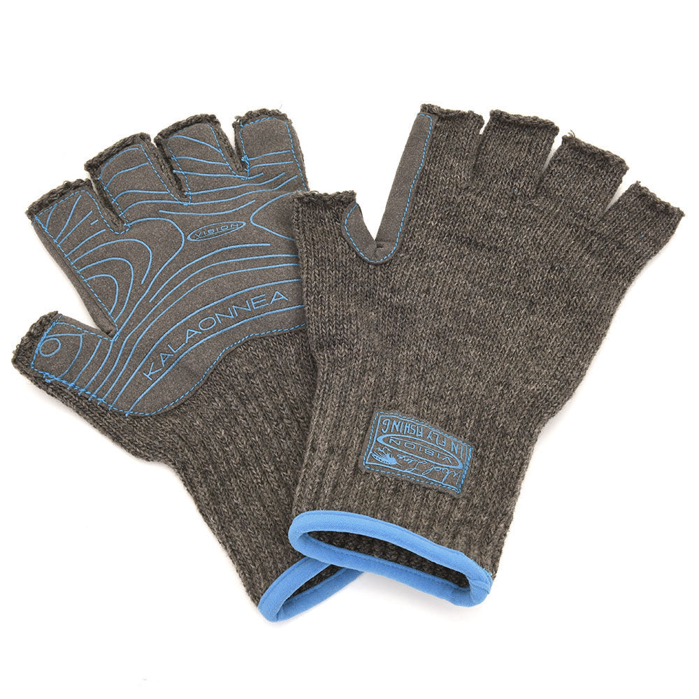 Vision Scout Merino Gloves fingerlose Fliegenfischer Handschuhe, Merino Angelhandschuhe für kalte Tage beim Fliegenfischen, Detailansicht Vision Scout Merino Gloves mit verstärkter Innenfläche, Fliegenfischer mit Scout Merino Merino-Handschuhen am Winterfluss, Braune Vision Scout Merino Handschuhe für Fliegenfischen und Outdoor