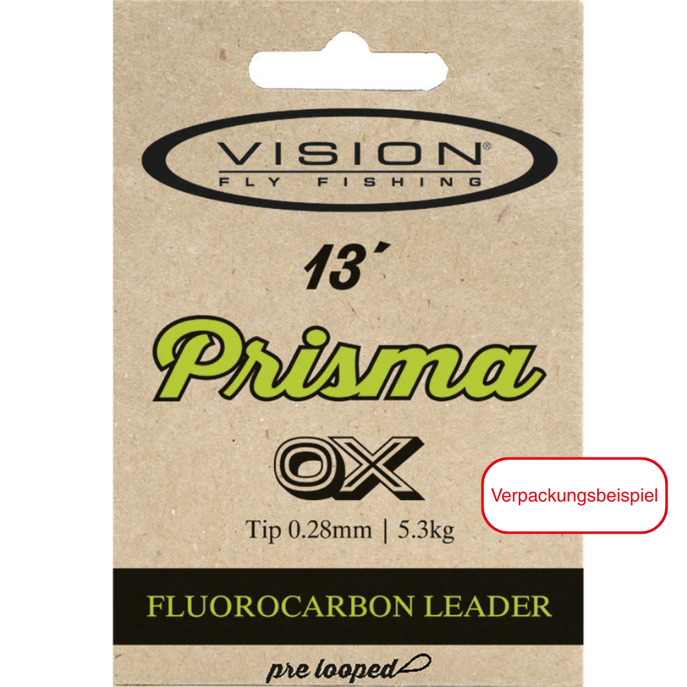 Vision Prisma Leader 13' 4X Fluorocarbon Vorfach, Vision Prisma Leader 13' 5X für klare Alpenflüsse, Detail Spitze Vision Prisma Leader Fluorocarbon, Vision Prisma Leader Papierverpackung, Fliegenfischer bindet Prisma Leader 13' Vorfach, Vision Prisma Leader Butt-Spitzen-Übergang, Prisma Leader 4X/5X für Graubünden Forellenfischen